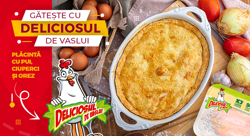 Placintă cu pui, ciuperci și orez. Mănânci de nu te vezi